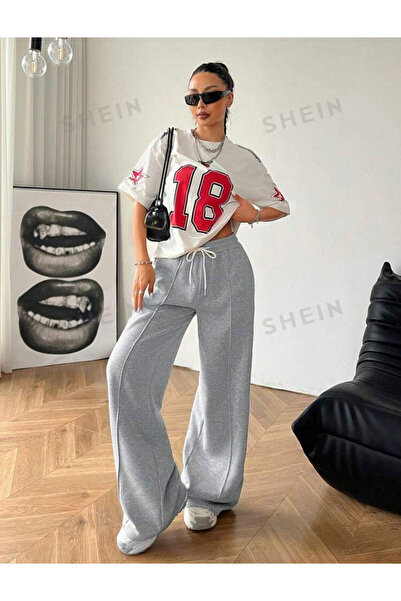 PENTHİLUS Γυναικείο γκρι άνετο παντελόνι jogger με φαρδύ πόδι που φοριέται εύ...