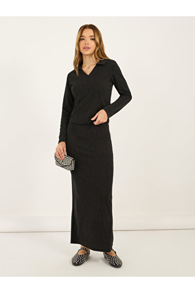 Styli Glitter Look Stretch Fitted Knit Top and Bodycon Maxi Skirt Co-Ords