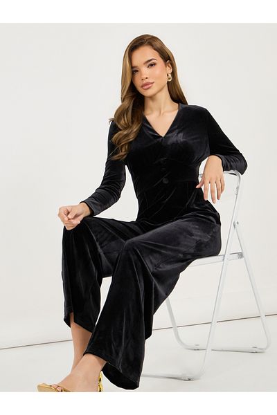 Styli Velvet Look Wide Leg Jumpsuit with Corset Waist Detail