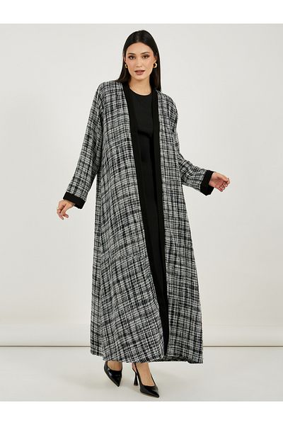 Styli Front Open Tweed Abaya with Contrast Cuff