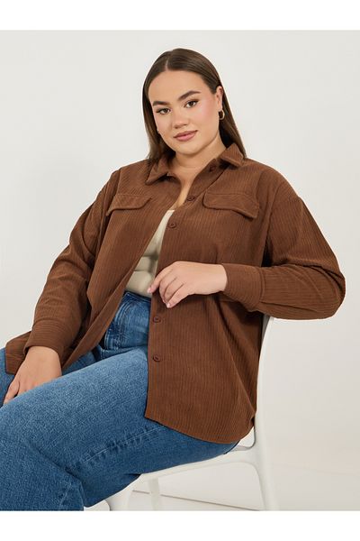 Styli Plus Size Corduroy Oversized Shirt with Flap Pocket Detail