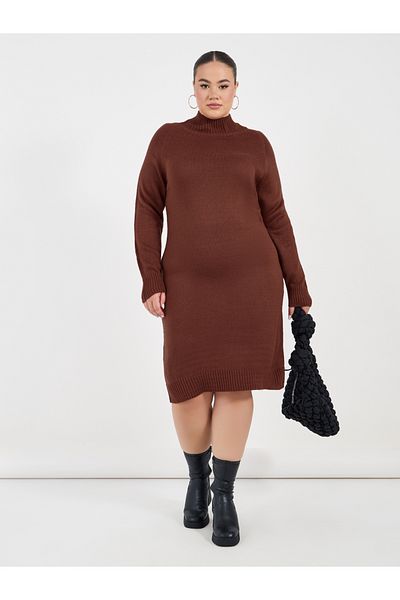 Styli Plus Size Long Sleeves Knitted Sweater Knee Length Dress