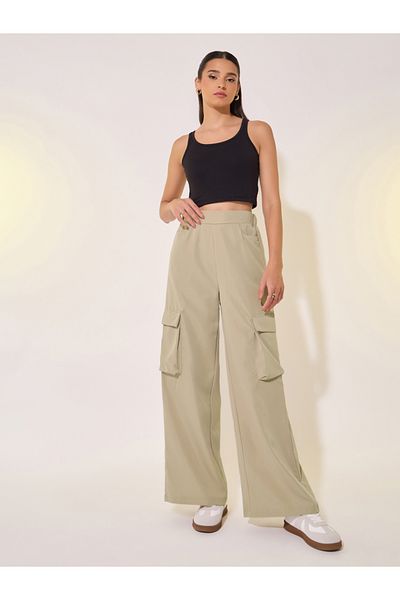 Take Two By Styli Solid Mid-Rise Wide Leg Cargo Pants