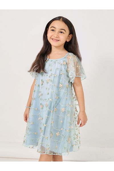 Styli Embroidered Floral Mesh Round Neck Dress