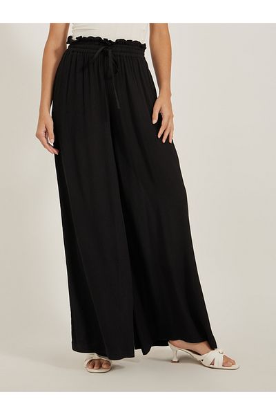 Styli Textured Wide Leg Pants with Paperbag Waistband