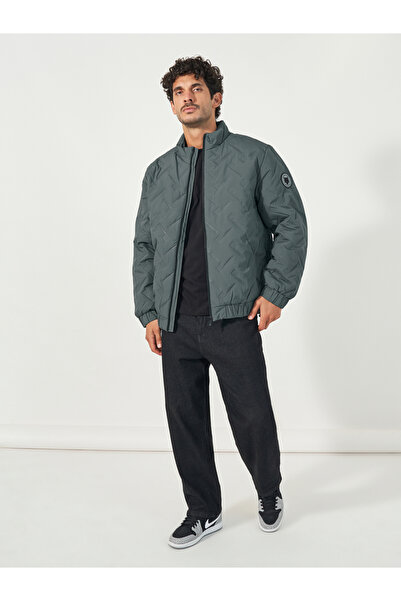 Styli Chevron Quilted Puffer Jacket with Faux Fur Lining and Badge Detail