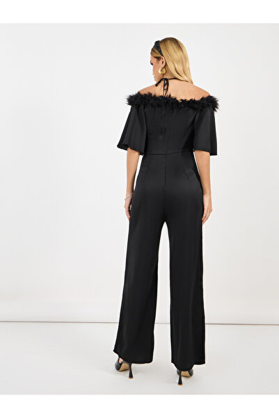 Styli Faux Feather Trim Wide Leg Jumpsuit