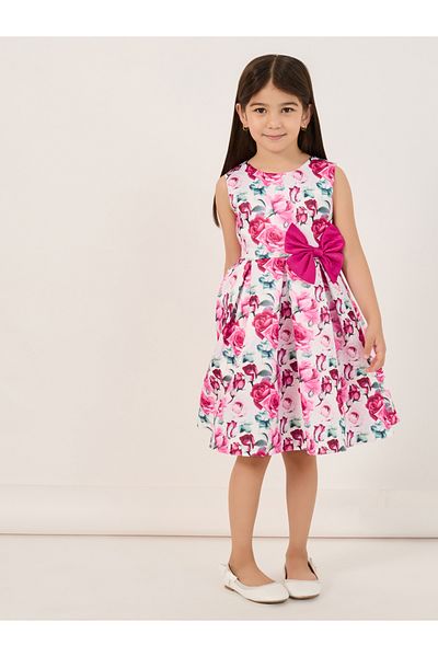 Styli All-Over Floral Print Sleeveless Dress with Bow Detail
