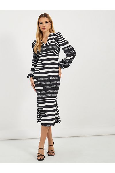 Styli All Over Print Balloon Sleeves Midi Dress