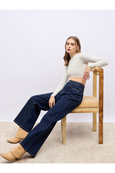 Styli High Rise Pintuck Detail Wide Leg Jeans
