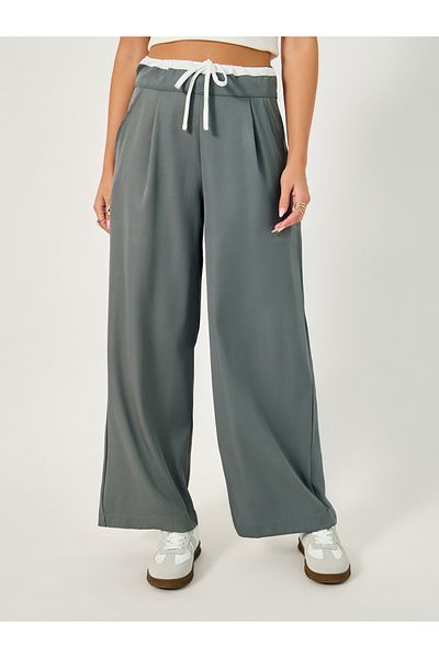Styli Wide Leg Pants with Contrast Drawstring Waistband