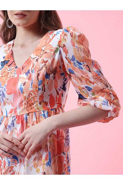 Mish By Styli Floral Print V Neck A-Line Midi Dress