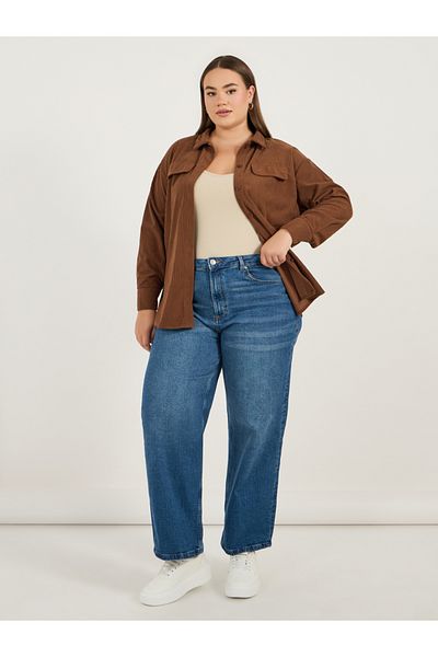 Styli Plus Size Corduroy Oversized Shirt with Flap Pocket Detail