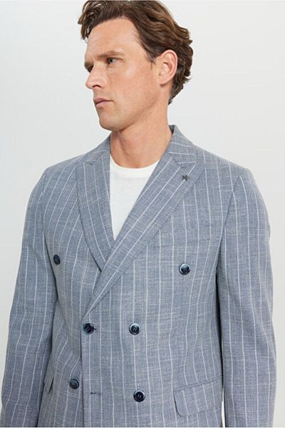 ALTINYILDIZ CLASSICS Памучно яке Slim Fit Slim Fit с яка-лястовица, раирано, гъвкаво блейзър, тъмносиньо яке