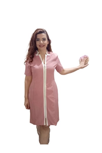 ZY BUTİK Powder Short Sleeve Zipper Detail Summer Short Dress