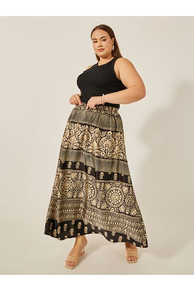 Styli Plus Size Printed S-Line Maxi Skirt with Elasticated Waistband