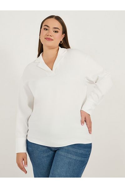 Styli Plus Size Notch Collar Long Sleeve Blouse