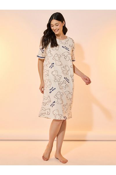Styli All Over Bear Print Round Neck Nightdress