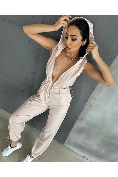 FASHION COCKTAIL Long Jumpsuit with Textured Fabric - Hooded, Zip-Up and Adjustable Sports Pants