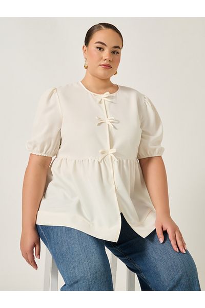 Styli Plus Size Puff Sleeve Ribbon Tie-Up Top