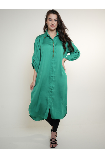 Elena by DStyle Beaded Placket Detail Longline Satin Shirt