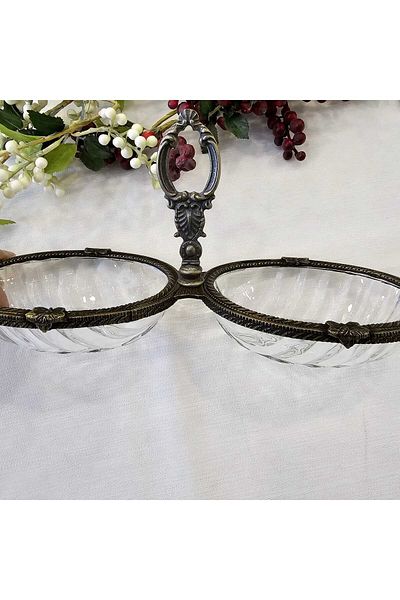 MaviDamla 2 Compartment Cast Metal Frame Snack Bowl with Gold Aged Detail