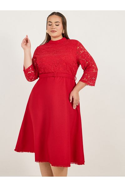 Styli Plus Size Lace Insert A-Line Midi Dress with Belt