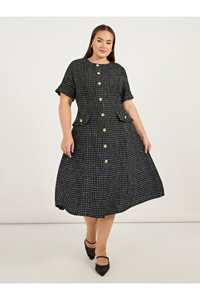 Styli Plus Size Short Sleeves A-Line Tweed Midi Dress