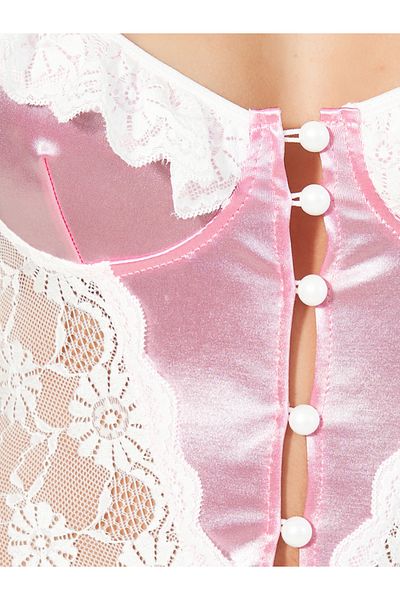 Styli Button Up Contrast Ruffle Lace Trim Bodysuit
