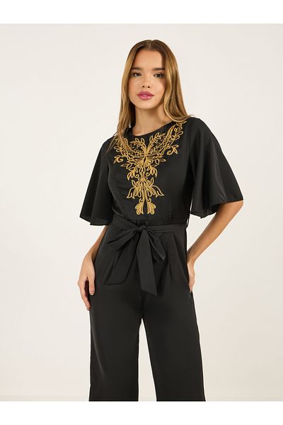 Styli Embroidered Panel Wide Leg Jumpsuit with Tie Belt