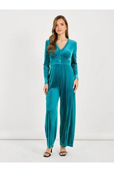 Styli Velvet Look Wide Leg Jumpsuit with Corset Waist Detail