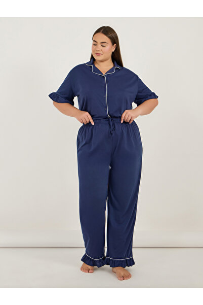Styli Plus Size Ruffle Hem Contrast Piping Short Sleeve Shirt and Pyjama Set