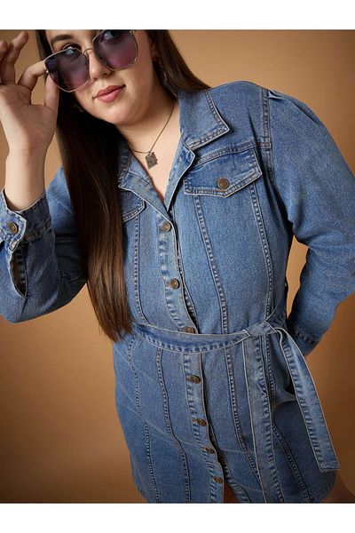 Sassafras By Styli Plus Size Front Button Belted Shirt Mini Dress