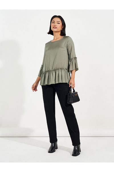 ARIA ROMANCE By Styli Solid Ruffled Top with Bell Sleeves