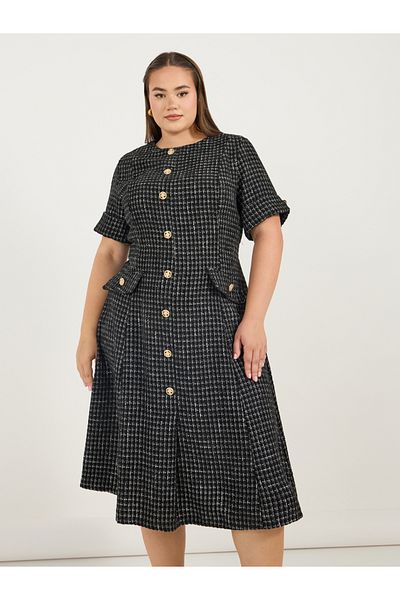 Styli Plus Size Short Sleeves A-Line Tweed Midi Dress