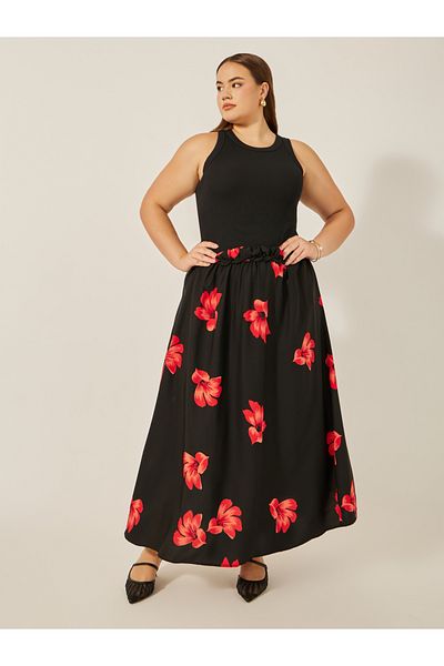Styli Plus Size Floral Print A-Line Maxi Skirt