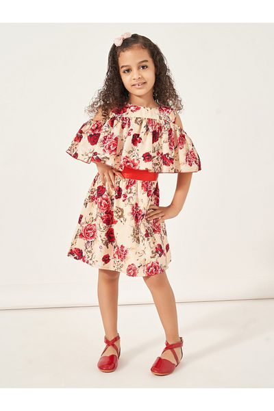 Styli All-Over Floral Print Cape Sleeve Dress with Belt