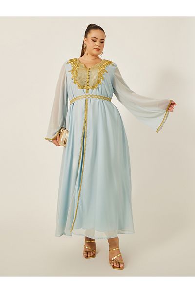 Styli Plus Size Lace Insert Kaftan with Waist Belt Detail