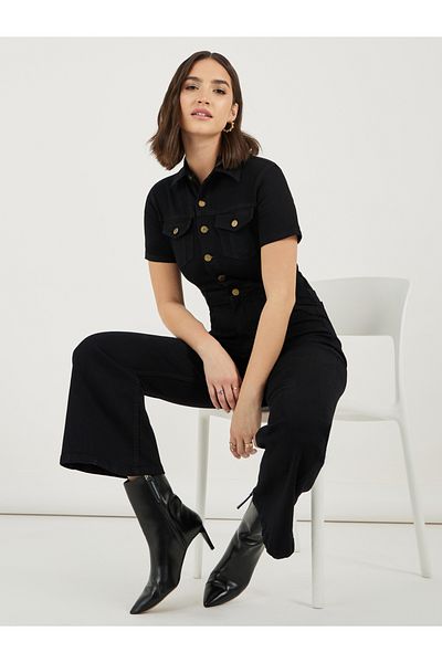 Styli Button Front Detail Flared Denim Jumpsuit