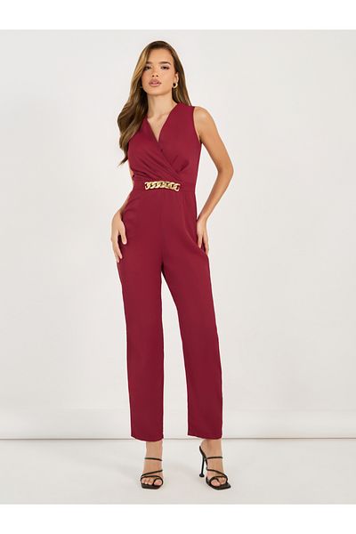 Styli Solid V Neck Sleeveless Jumpsuit with Metal Buckle Detail