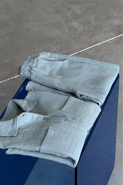 KAPROLLI 100% Cotton Linen Fabric Boy's Top and Bottom Suit Collar Detailed Colorful Patterned Elastic Waist