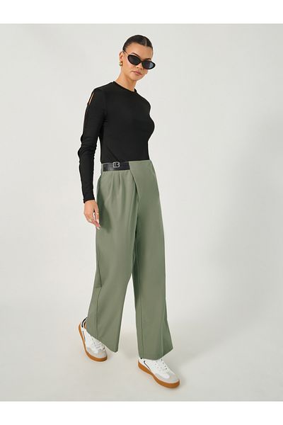 Styli Straight Fit Mid Rise Cross Panel Pants with Belt