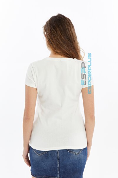 ESPOİRPLUS Women's Ecru Color V-Neck Short Sleeve 100% Cotton T-Shirt