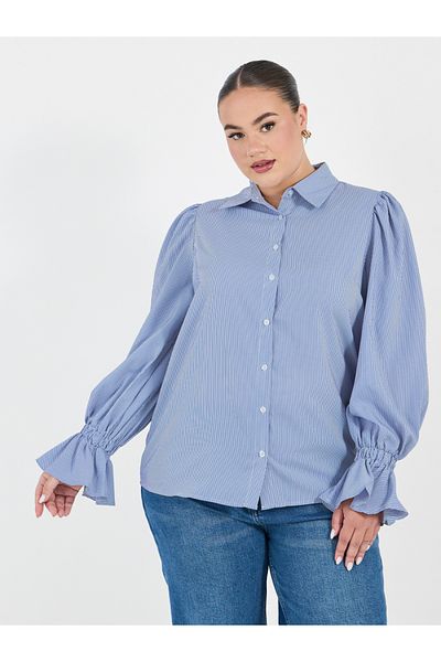 Styli Plus Size Striped Shirt with Flared Elasticated Balloon Sleeves