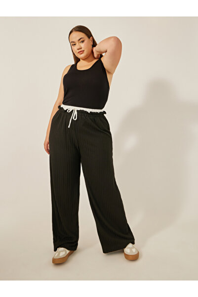 Styli Plus Size Striped High Rise Wide Leg Pants with Drawstring