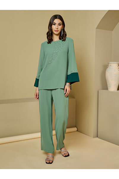 Styli Contrast Cuff Detail Embellished Top and Wide Leg Pants Modest Set