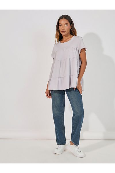 ARIA ROMANCE By Styli Solid Round Neck Tiered Detail Top