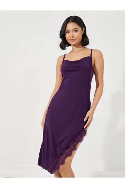 Styli Eyelash Lace Detail Side Split Slip Dress