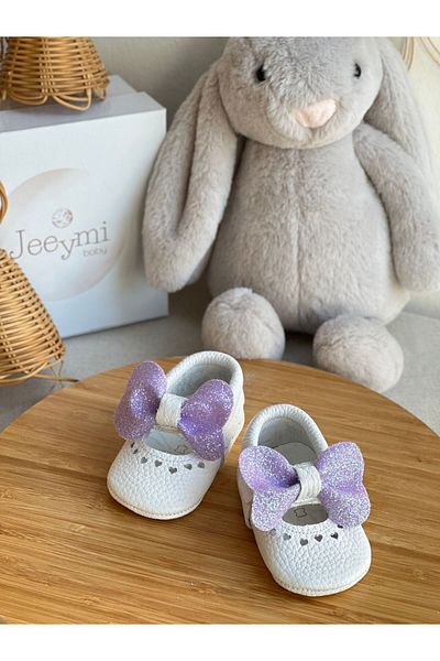 Li Puna White Shine Genuine Leather Baby Moccasin with Purple Stone
