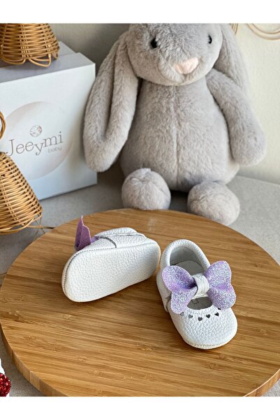 Li Puna White Shine Genuine Leather Baby Moccasin with Purple Stone